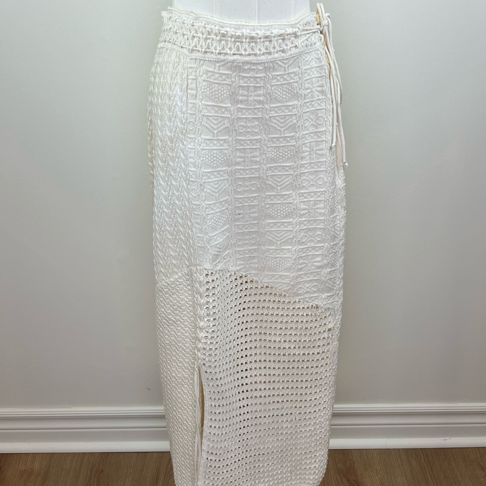 Vintage 90s White Cotton Handknit Multi-Stitch Maxi Skirt Boho Peru Sz M